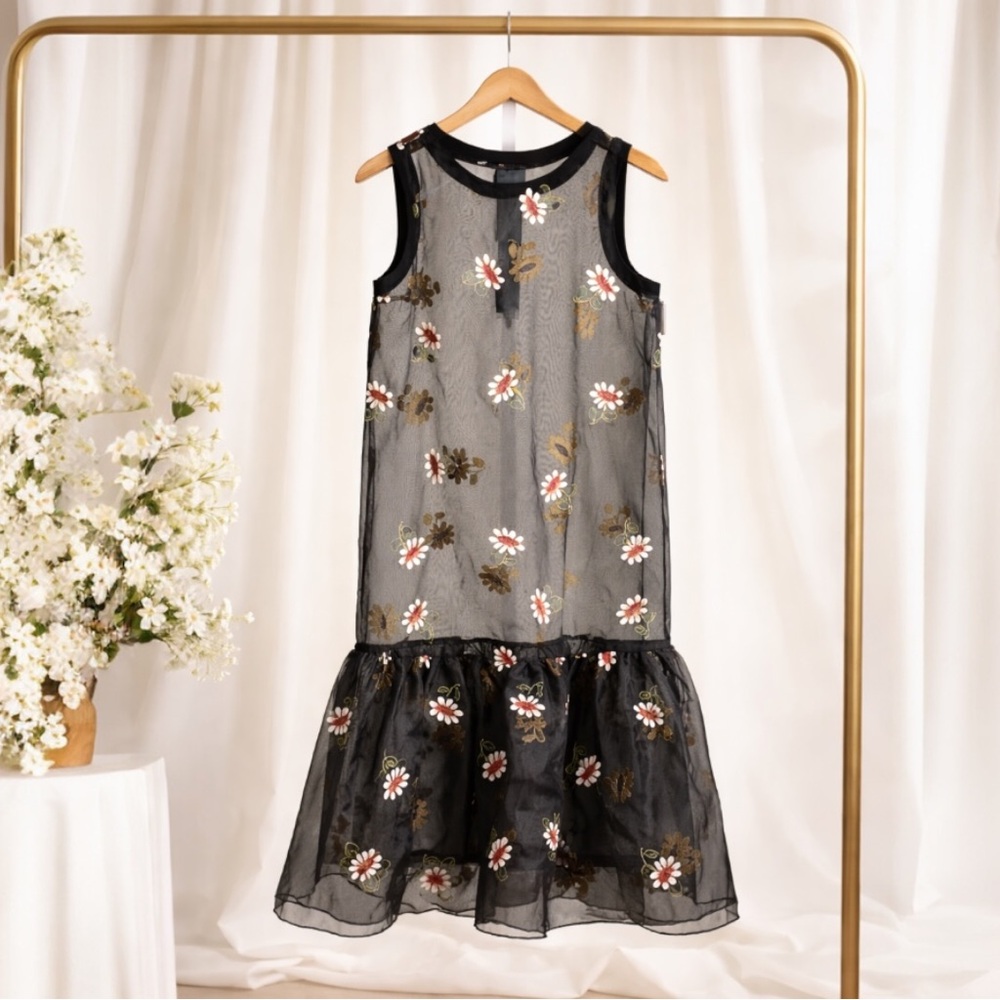 Cynthia Rowley Black Sheer Floral Embroidered Midi Dress NWT